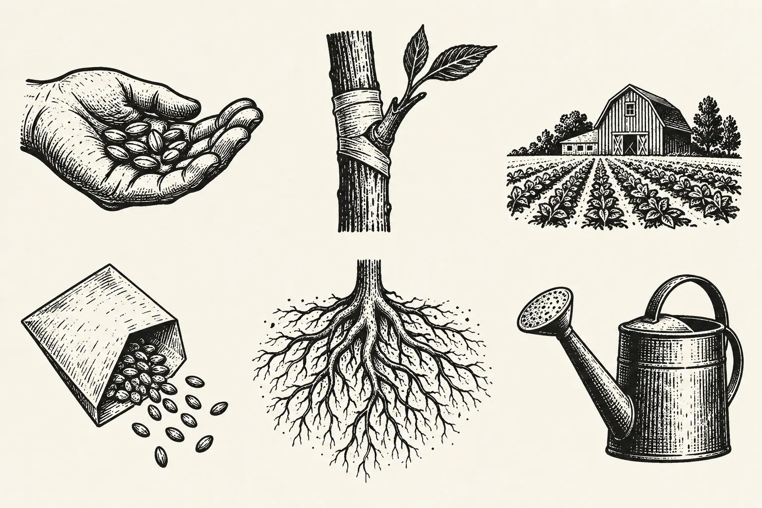 Woodcut illustrations of seed sharing, grafting, a farm, roots, and watering