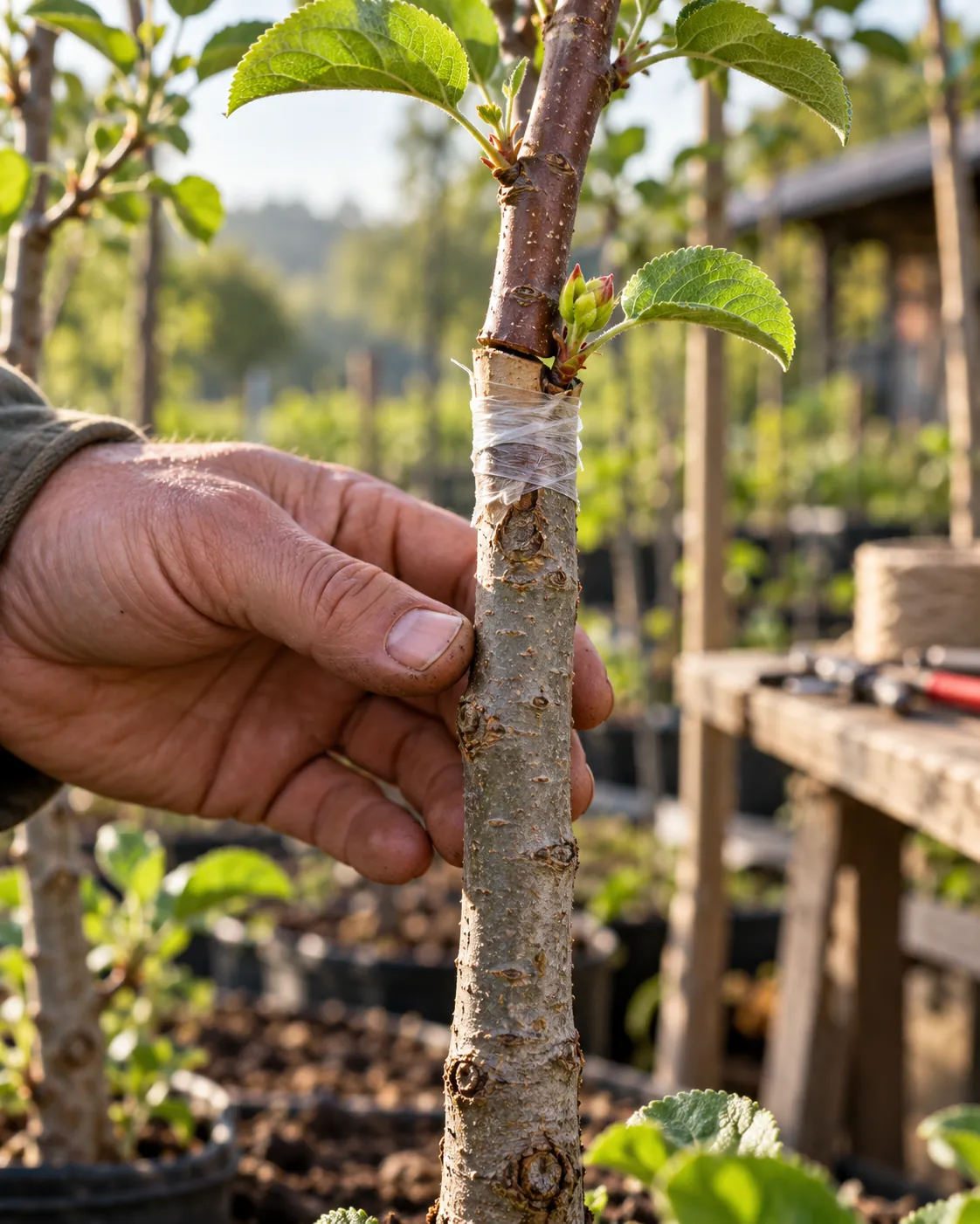 A close view of a young fruit-tree graft union