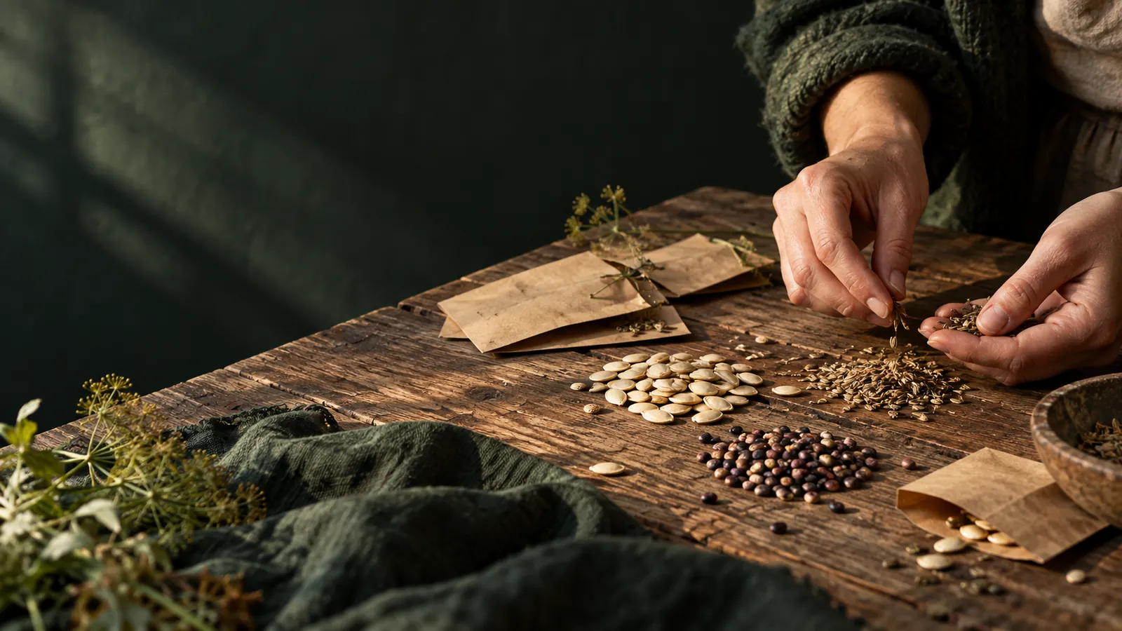 Several kinds of seeds being sorted by hand